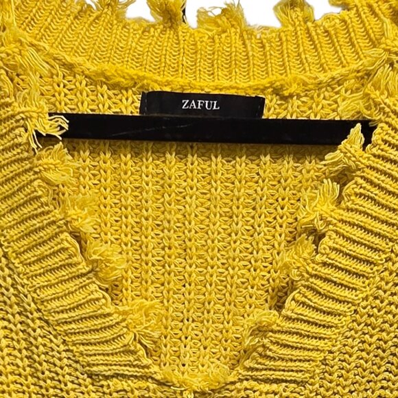 EUC ZAFUL BOLD MUSTARD YELLOW KNITTED CROPPED FRINGED HEM PULLOVER SWEATER OSFM - Picture 5 of 8